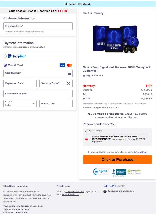 Genius Brain Signal checkout page